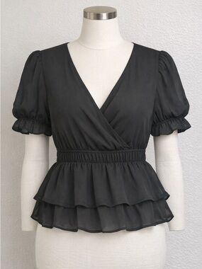 ShineStar Black Peplum Blouse | Puff Sleeve V‑Neck | Size Large